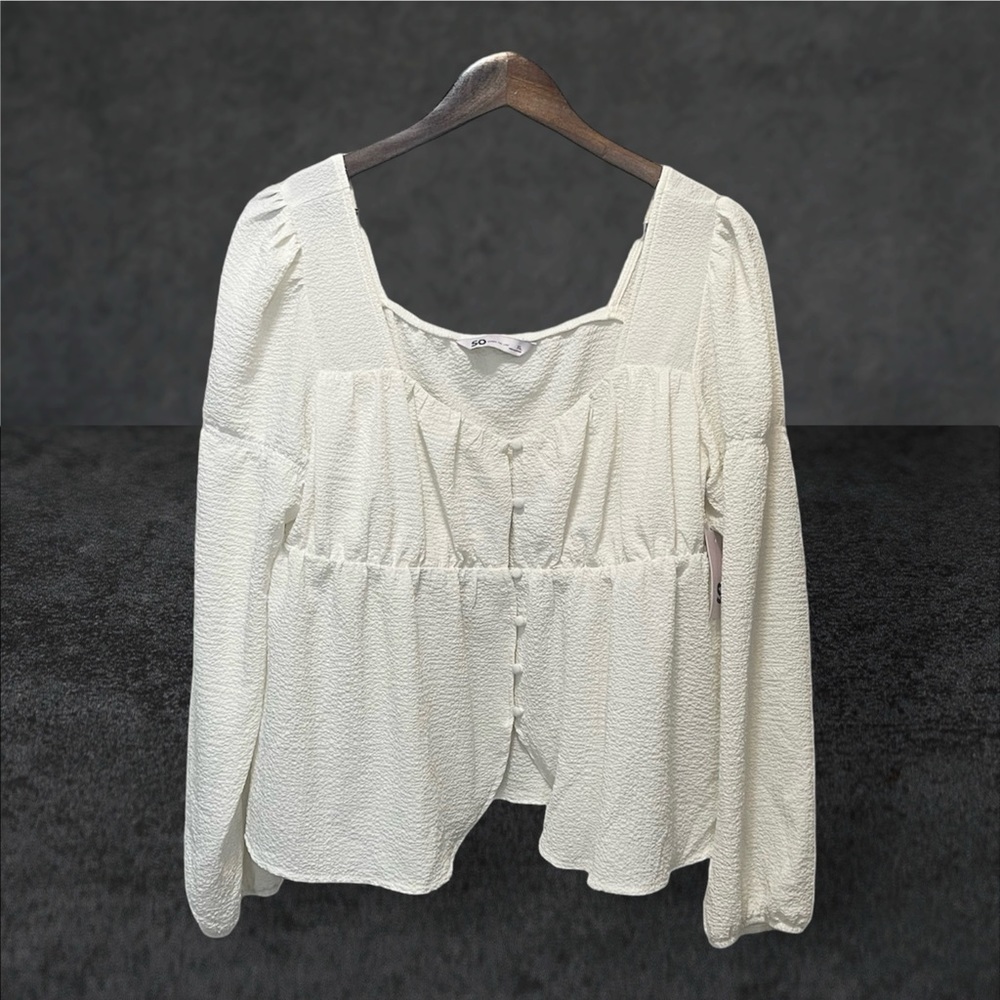 SO Peasant Blouse SZ XL Juniors Ivory Crinkle Gauze Fairycore Prairie Cottage
